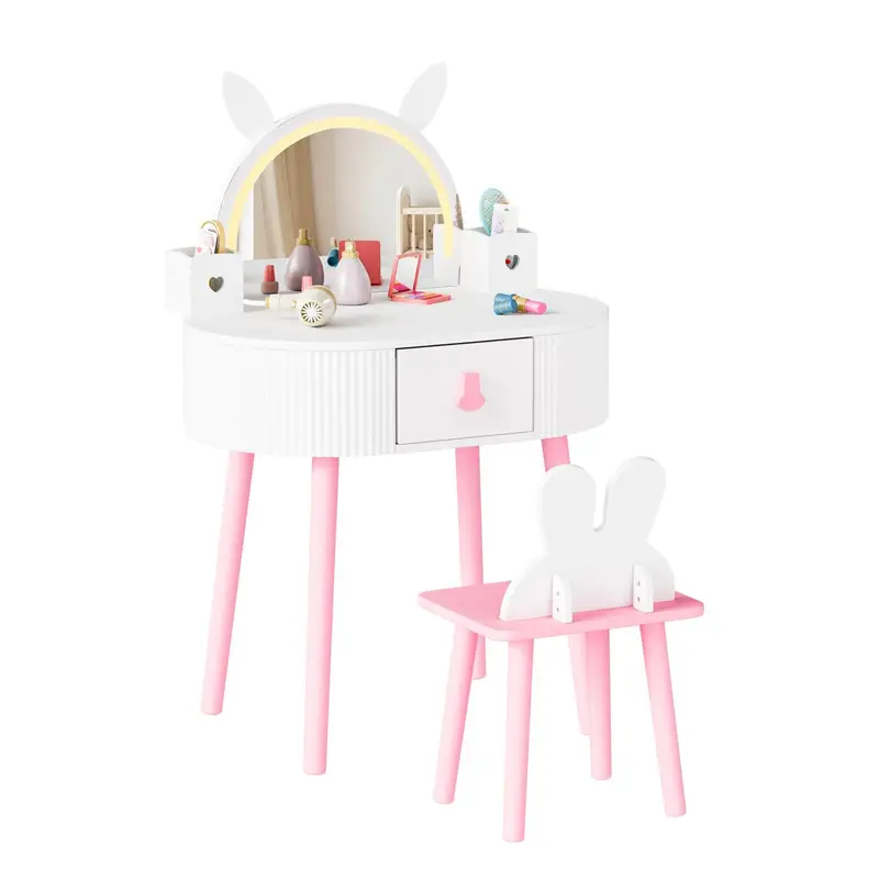 Kids Vanity with Cute Rabbit Mirror, Kids Vanity Table and Chair, w/Touch Screen 3 Colors Adjustment LED Lighted Mirror