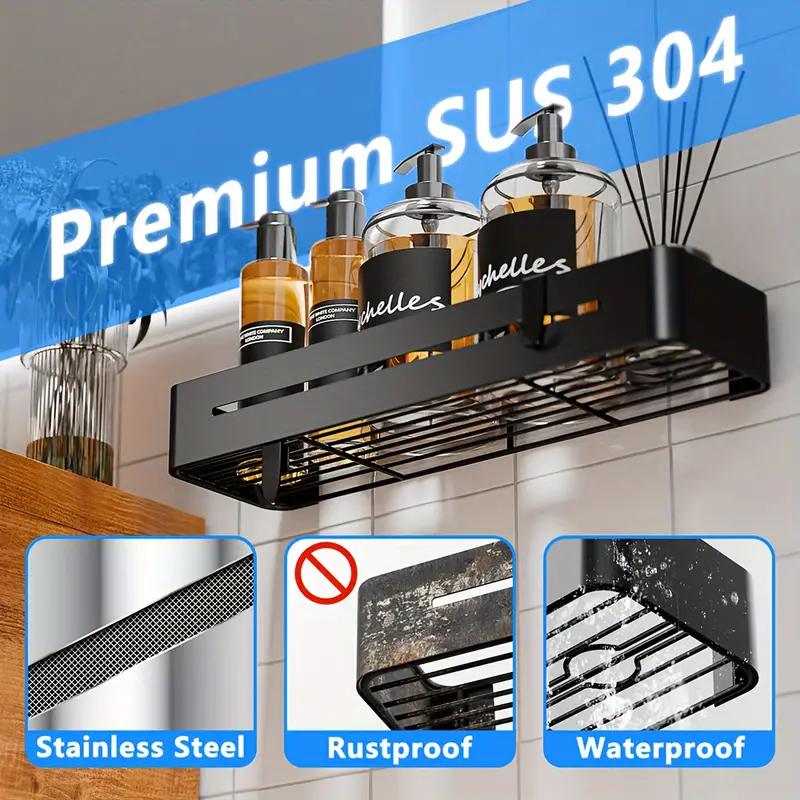 2pcs Shower Caddy For Bathroom Storage, Sticky Shower Organiser, No Drilling Required, Large Capacity, Stainless Steel Bathroom Organiser, Shower Shelf, Black - Image 4