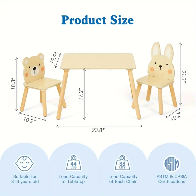 Kids Wood Table And Chair Set - Including 2 Animal Chairs - Waterproof Desktop - Image 2