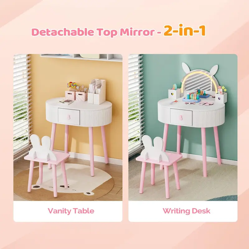 Kids Vanity with Cute Rabbit Mirror, Kids Vanity Table and Chair, w/Touch Screen 3 Colors Adjustment LED Lighted Mirror - Image 3