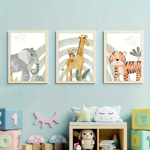 Cute Safari Animal Framed Canvas Wall Art Set, Jungle Theme Watercolor Nursery Wall Art Prints - Image 3