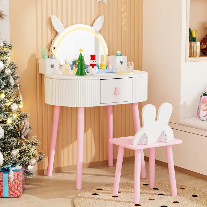 Kids Vanity with Cute Rabbit Mirror, Kids Vanity Table and Chair, w/Touch Screen 3 Colors Adjustment LED Lighted Mirror - Image 4