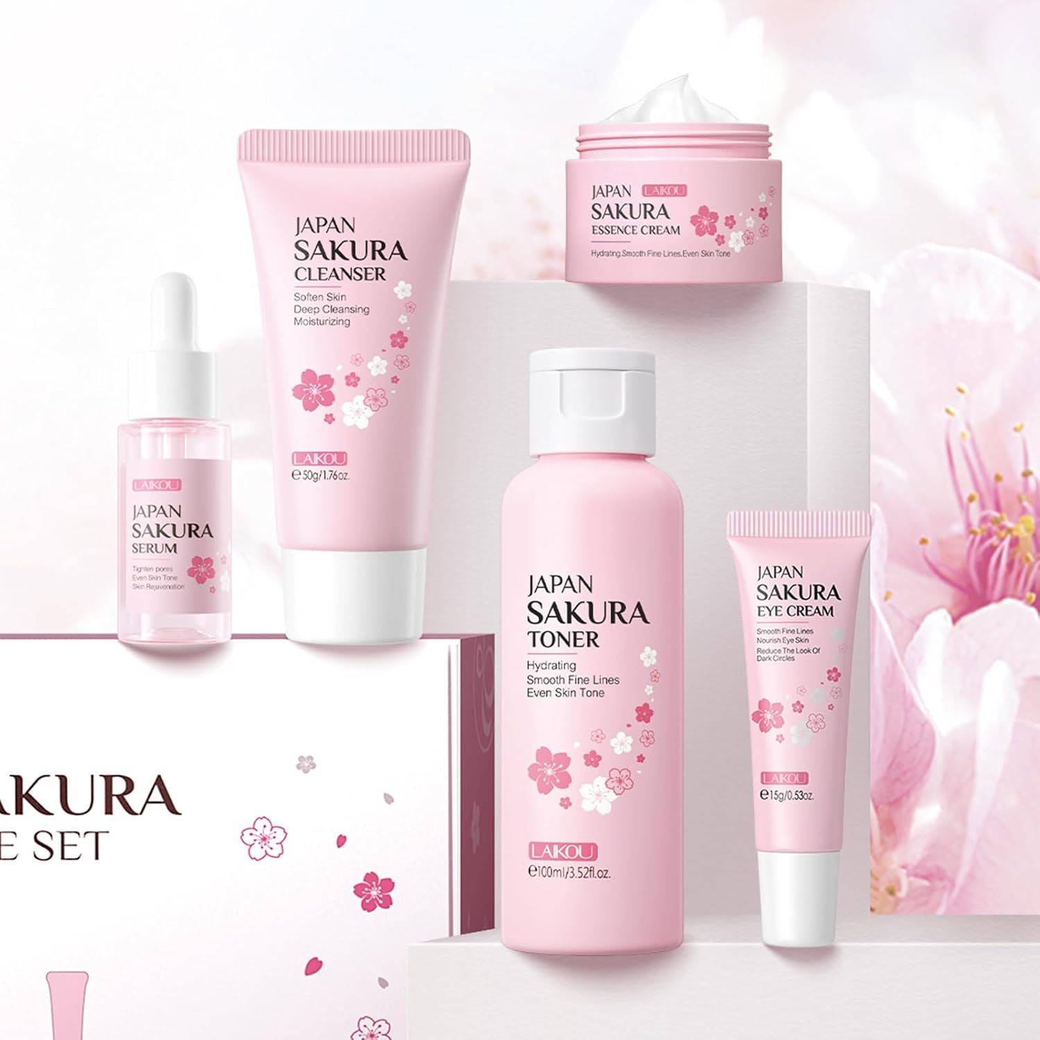 LAIKOU SkinCare Set, JAPAN Sakura Skin Care Sets & Kits - Cleanser,Toner,Face Serum,Eye Cream, Face Cream, Gift Set for Teenage Girls Women Mom Daughter Birthday, Travel Kit for All Skin Types, 5pcs - Image 3