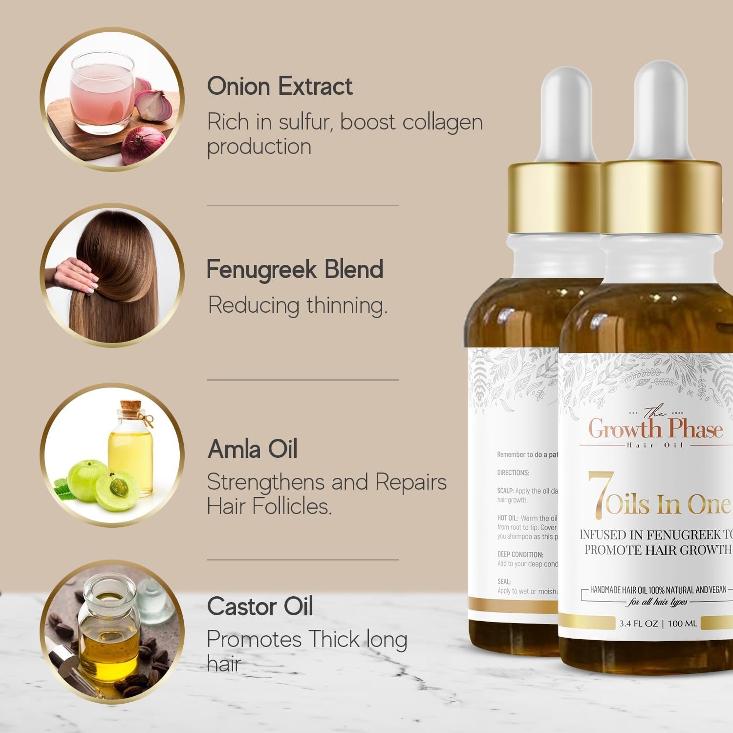 The Growth Phase Hair Oil Serum - 100% Natural with Castor, Onion, Fenugreek, Amla Oils and Caffeine - Image 3