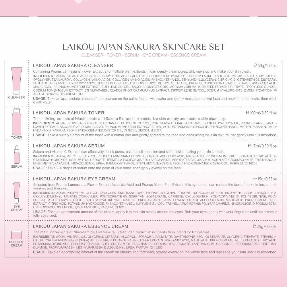LAIKOU SkinCare Set, JAPAN Sakura Skin Care Sets & Kits - Cleanser,Toner,Face Serum,Eye Cream, Face Cream, Gift Set for Teenage Girls Women Mom Daughter Birthday, Travel Kit for All Skin Types, 5pcs - Image 5