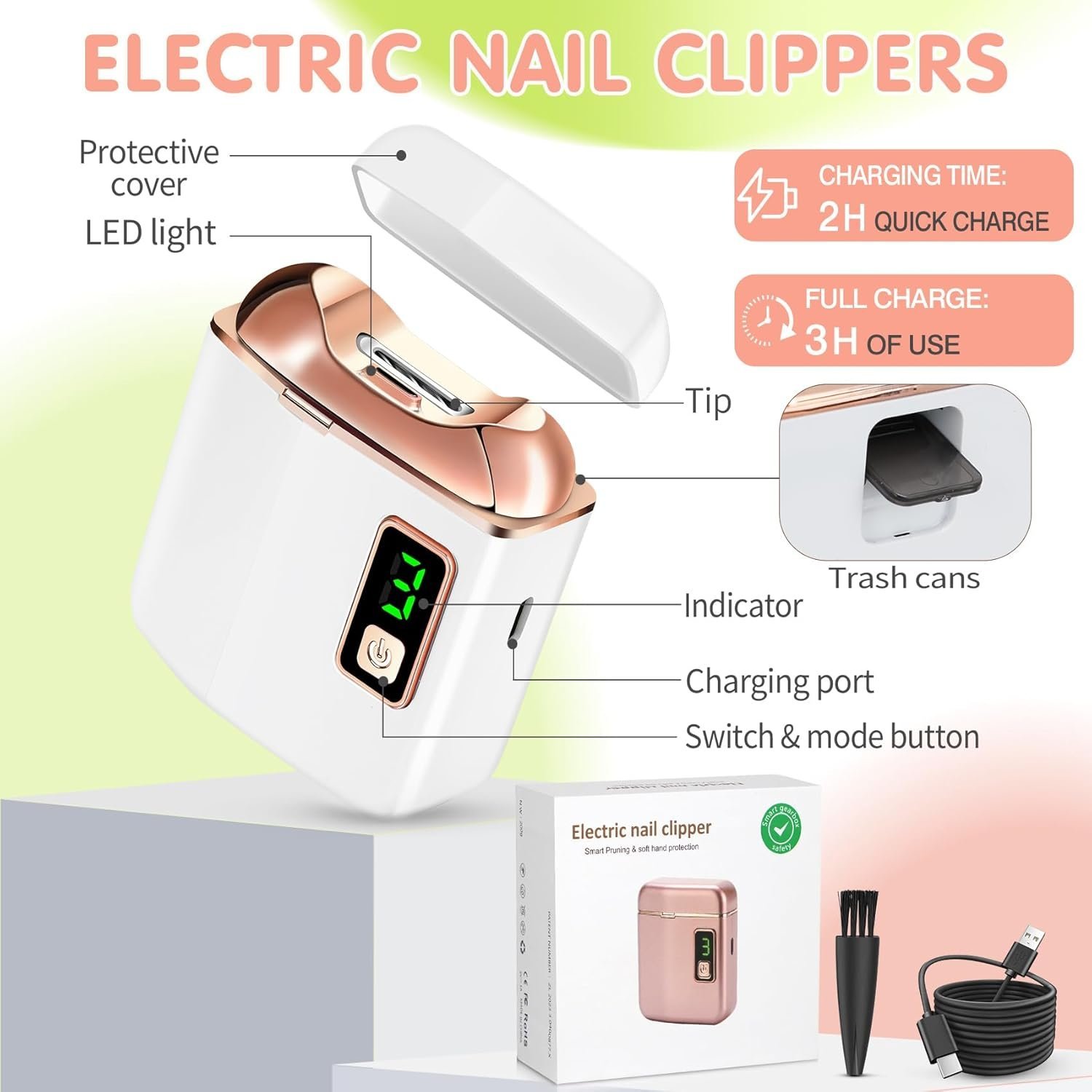 Electric Nail Clipper with LED Light, USB Rechargeable Nail Trimmer, 3-Speed Fingernail Manicure for Baby, Kids, Seniors, and Adults - Perfect for Elderly Nail Care, White - Image 4