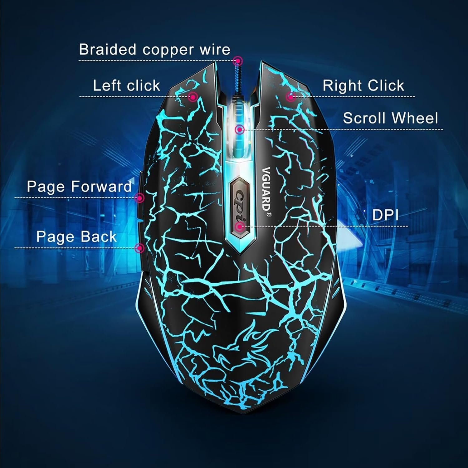 Gaming Mouse, Comfortable Wired USB Optical RGB Ergonomic Mice for PC Computer Laptop, 6 Programmable Buttons, 4 Adjustable Sensitivity, 7 Colors LED Backlight - Black - Image 4