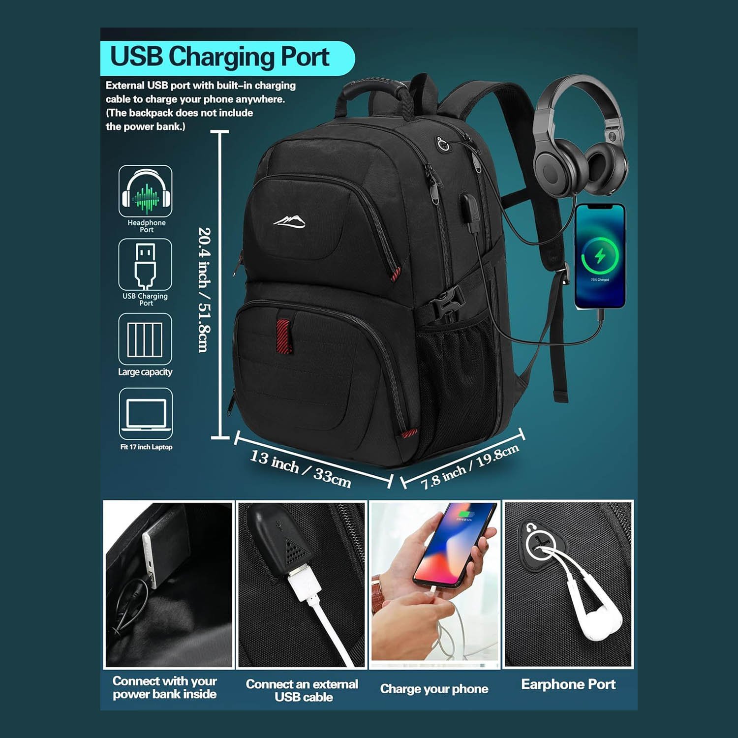 PROETRADE Extra Large Backpack 50L Fits 17Inch Laptop Travel Backpack School Work Bag - Image 2